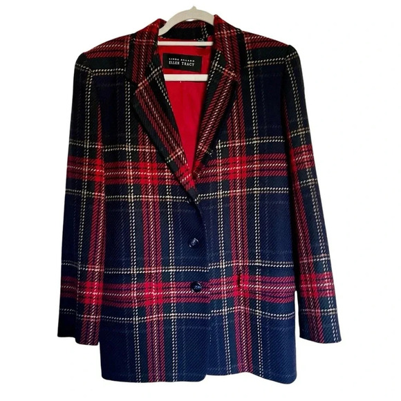 Vintage Ellen Tracy Linda Allard Navy Red Plaid Wool Cashmere Blazer Size 6 - Picture 1 of 11